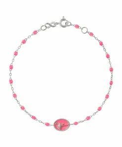 GIGI CLOZEAU Bracelet Flamant Rose Perles Résine Rose Fluo Or Blanc