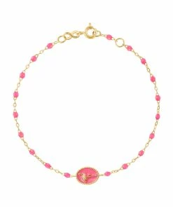 GIGI CLOZEAU Bracelet Flamant Rose Perles Résine Rose Fluo Or Jaune