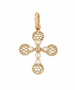 GIGI CLOZEAU Pendentif Croix Dentelle Résine Diamants Or Rose